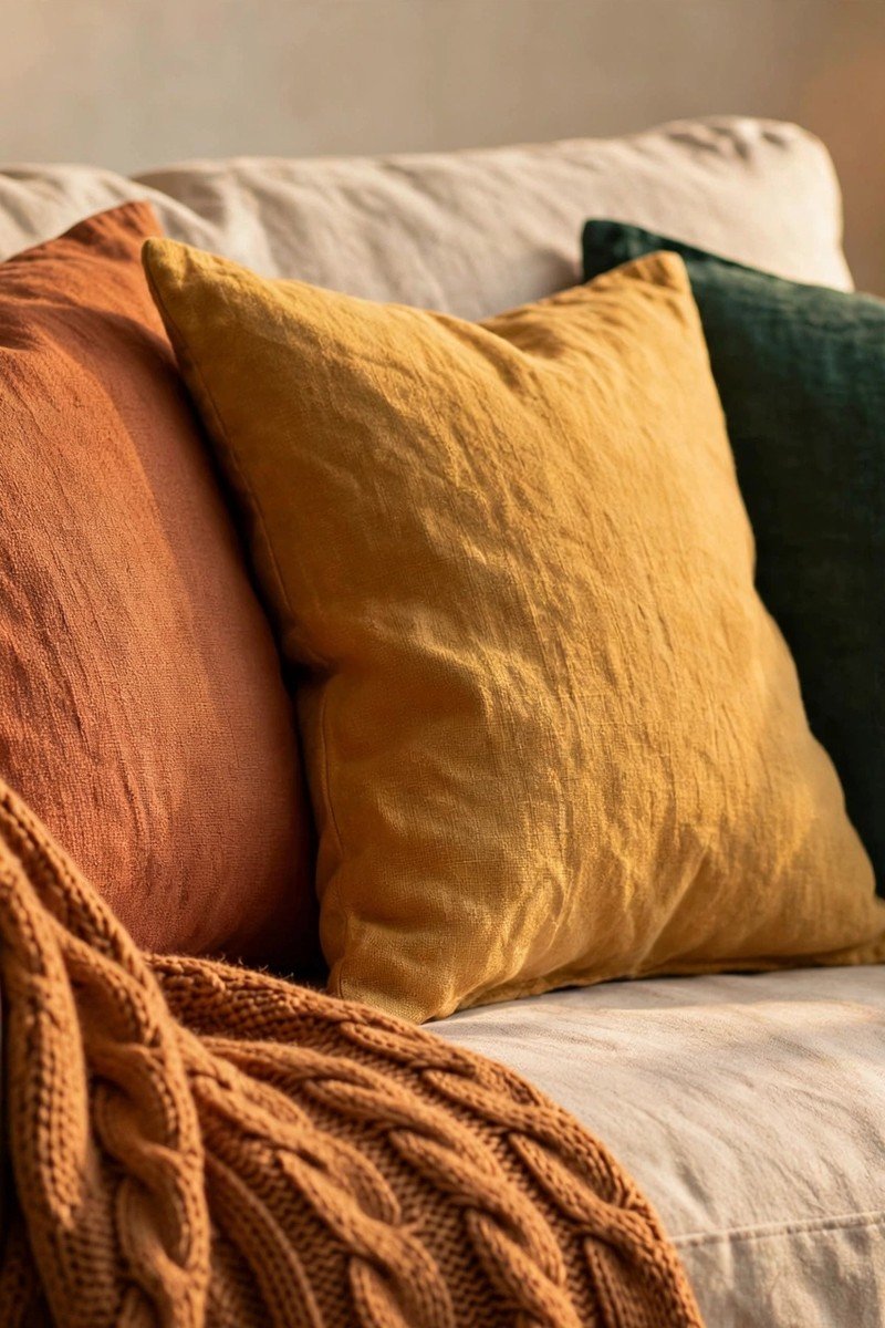 Small couch with rust, mustard and green pillow covers and a caramel throw
