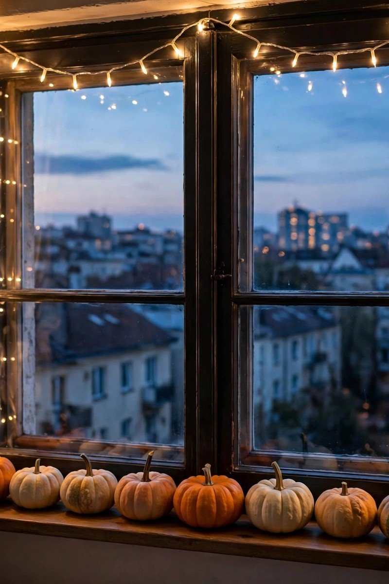 Apartment window with warm string lights and mini pumpkins on the windowsill