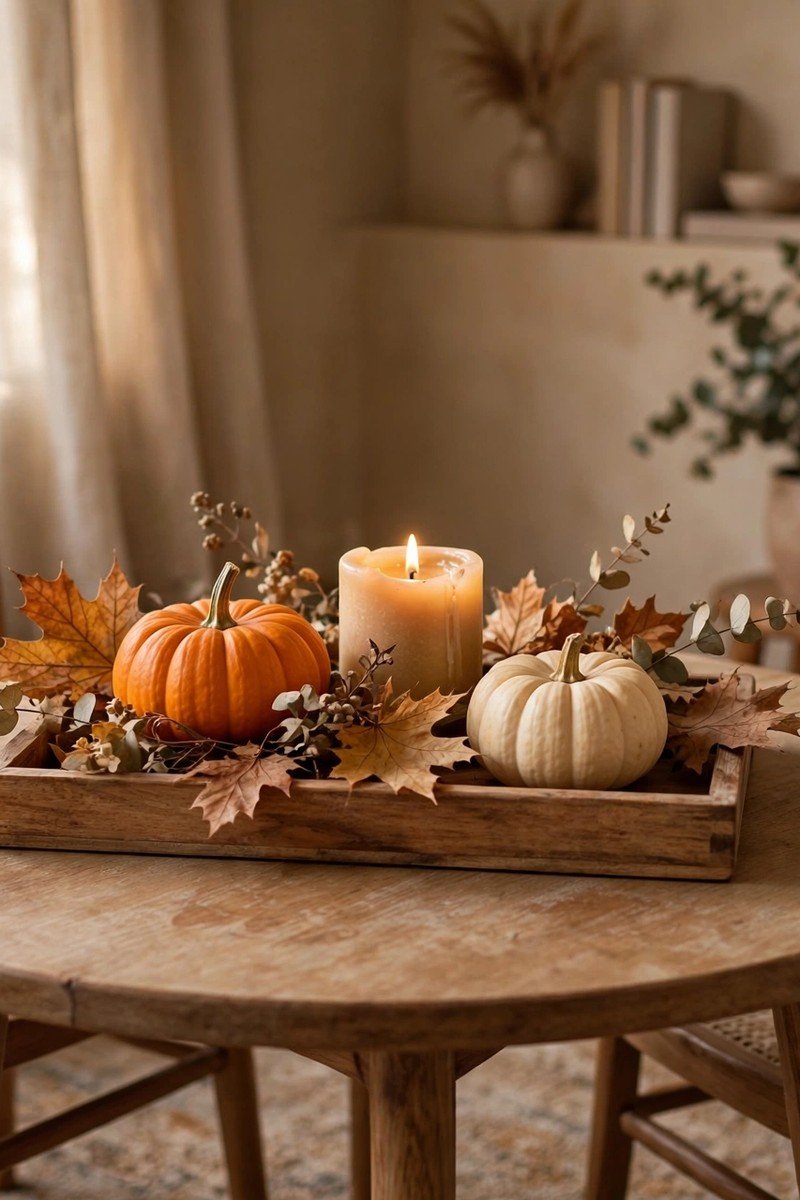 Small dining table centerpiece with a wooden tray, candle and mini pumpkins
