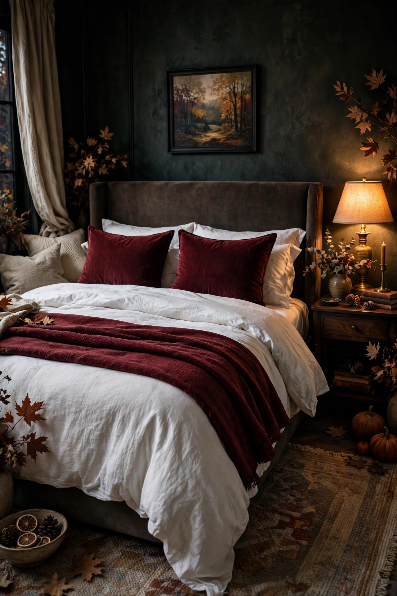 Burgundy throw blanket folded across the foot of a white bed