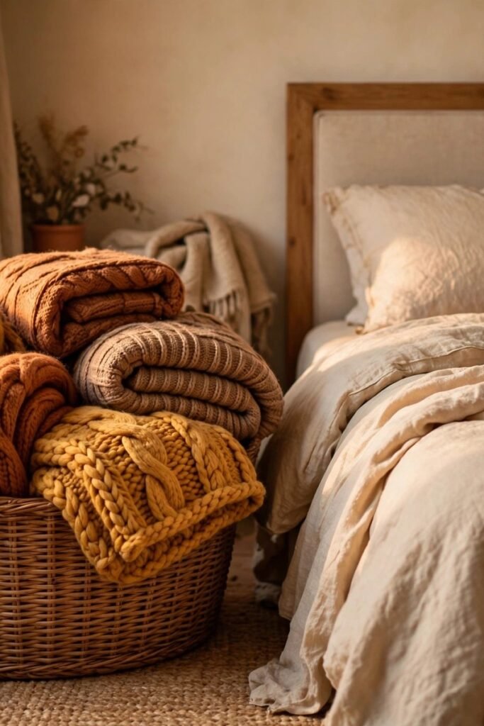 Woven basket filled with folded knit blankets beside a cozy bed