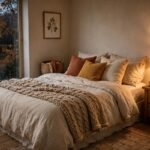 Cozy fall bedroom with warm pillows, a chunky knit blanket and glowing bedside lamp
