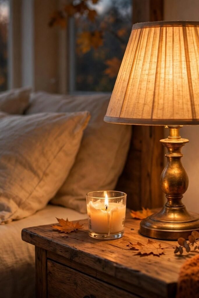 Warm glowing bedside lamp with a lit candle on a nightstand at dusk