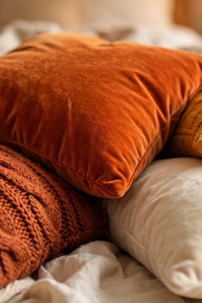 Rust, mustard and cream throw pillows in knit and velvet textures on a fall bed