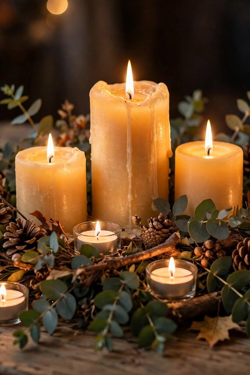 Thanksgiving table centerpiece with glowing pillar candles and tea lights