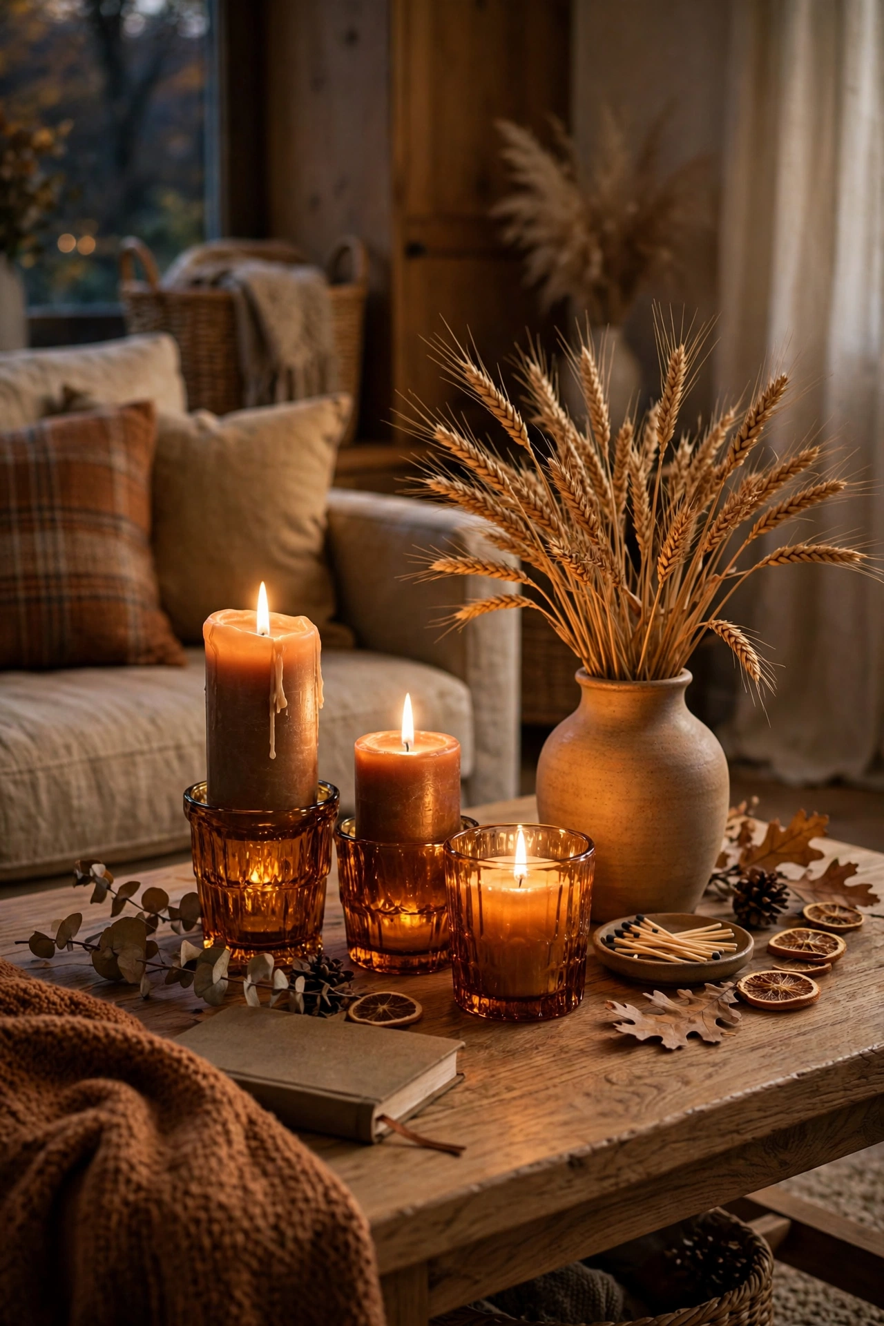 Amber candles at different heights glowing warmly on a table