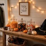 Entryway console table styled as a Halloween candy station with glass jars of candy, mini pumpkins, fairy lights, and a witch hat