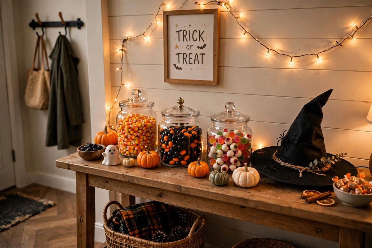 Entryway console table styled as a Halloween candy station with glass jars of candy, mini pumpkins, fairy lights, and a witch hat