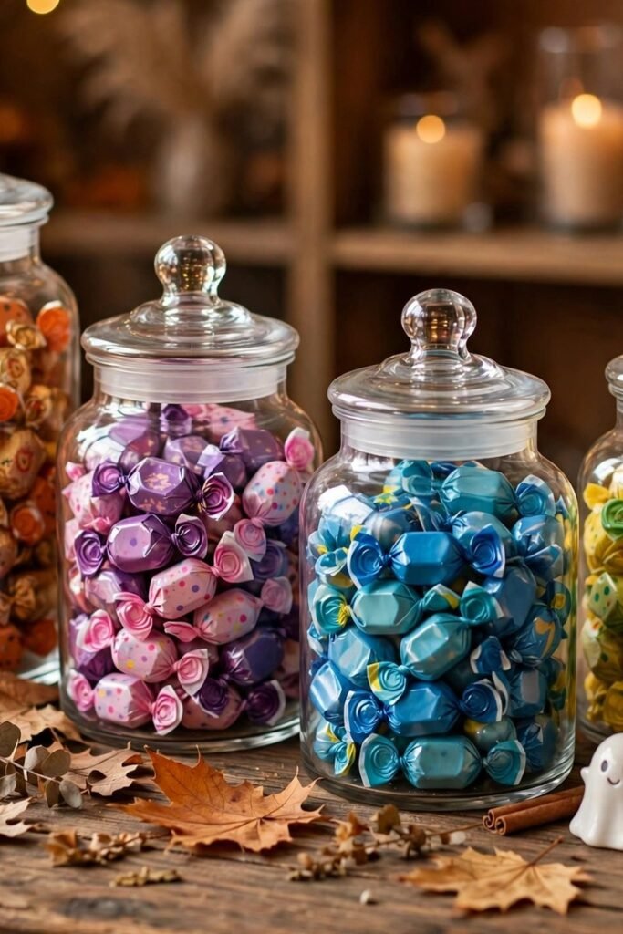 Glass apothecary jars filled with colorful wrapped candy on a table with dried leaves