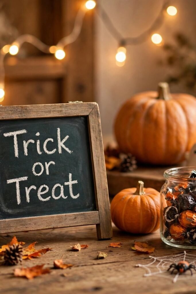 Small wooden chalkboard sign reading 'Trick or Treat' on a candy display table with pumpkins and string lights