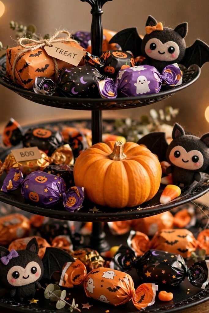 Black tiered tray holding wrapped Halloween candy with a small pumpkin and bat decorations