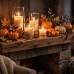 Wooden mantel decorated with lit candles, pumpkins, and autumn leaves