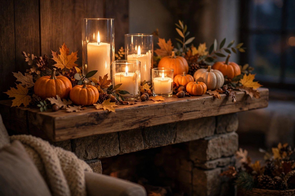 Wooden mantel decorated with lit candles, pumpkins, and autumn leaves