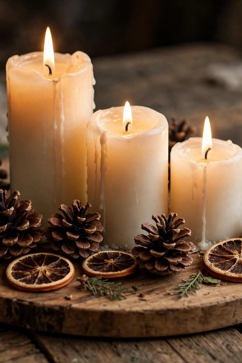 Three lit pillar candles on a wooden tray with pinecones