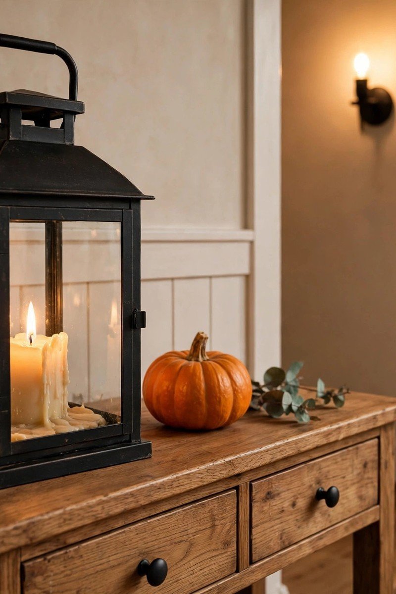 Black metal lantern with a lit candle on an entryway table
