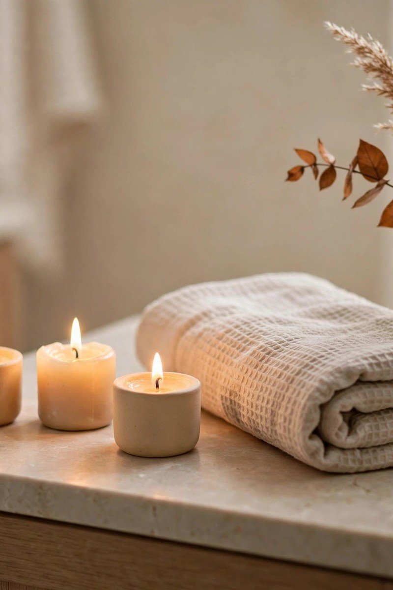 Small lit candles on a bathroom counter with dried fall stems