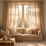 Floor-to-ceiling linen curtains in a warm living room with morning light streaming through the window