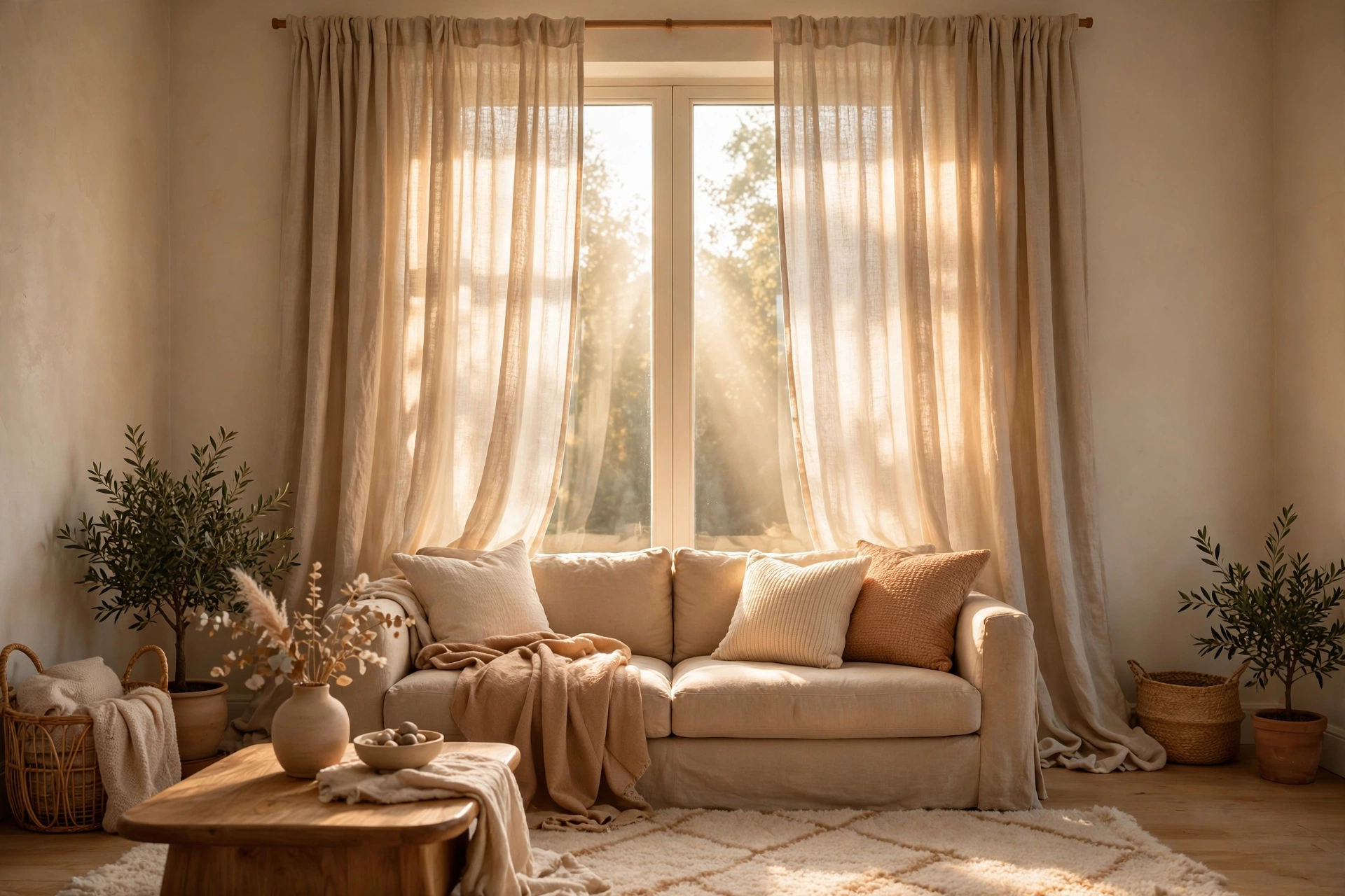 Floor-to-ceiling linen curtains in a warm living room with morning light streaming through the window