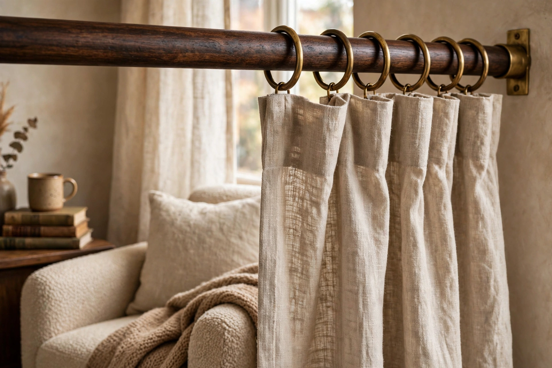 Dark wood curtain rod with brass rings holding linen curtains in a cozy reading corner