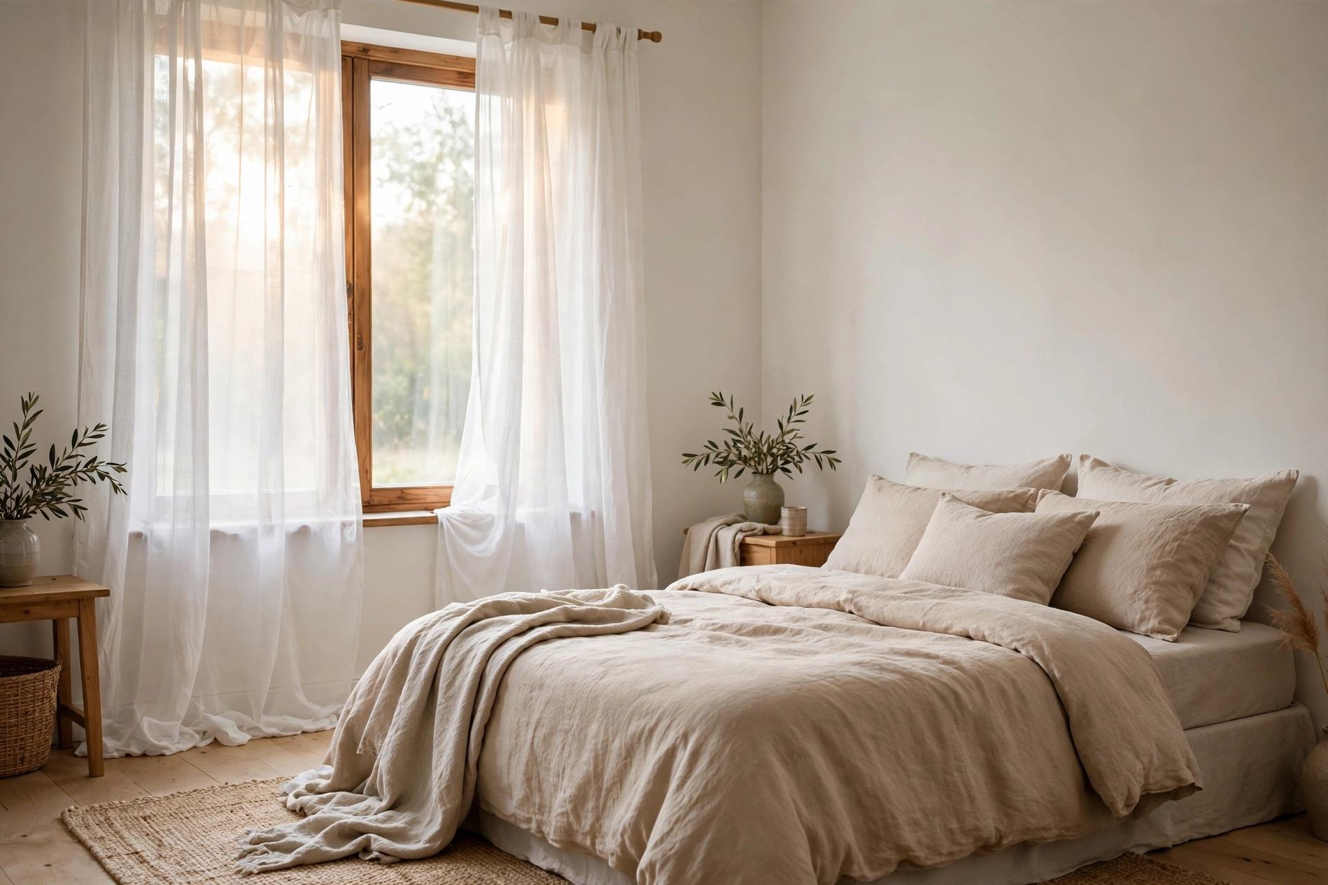 Sheer white curtains layered over a bedroom window beside a bed with neutral bedding