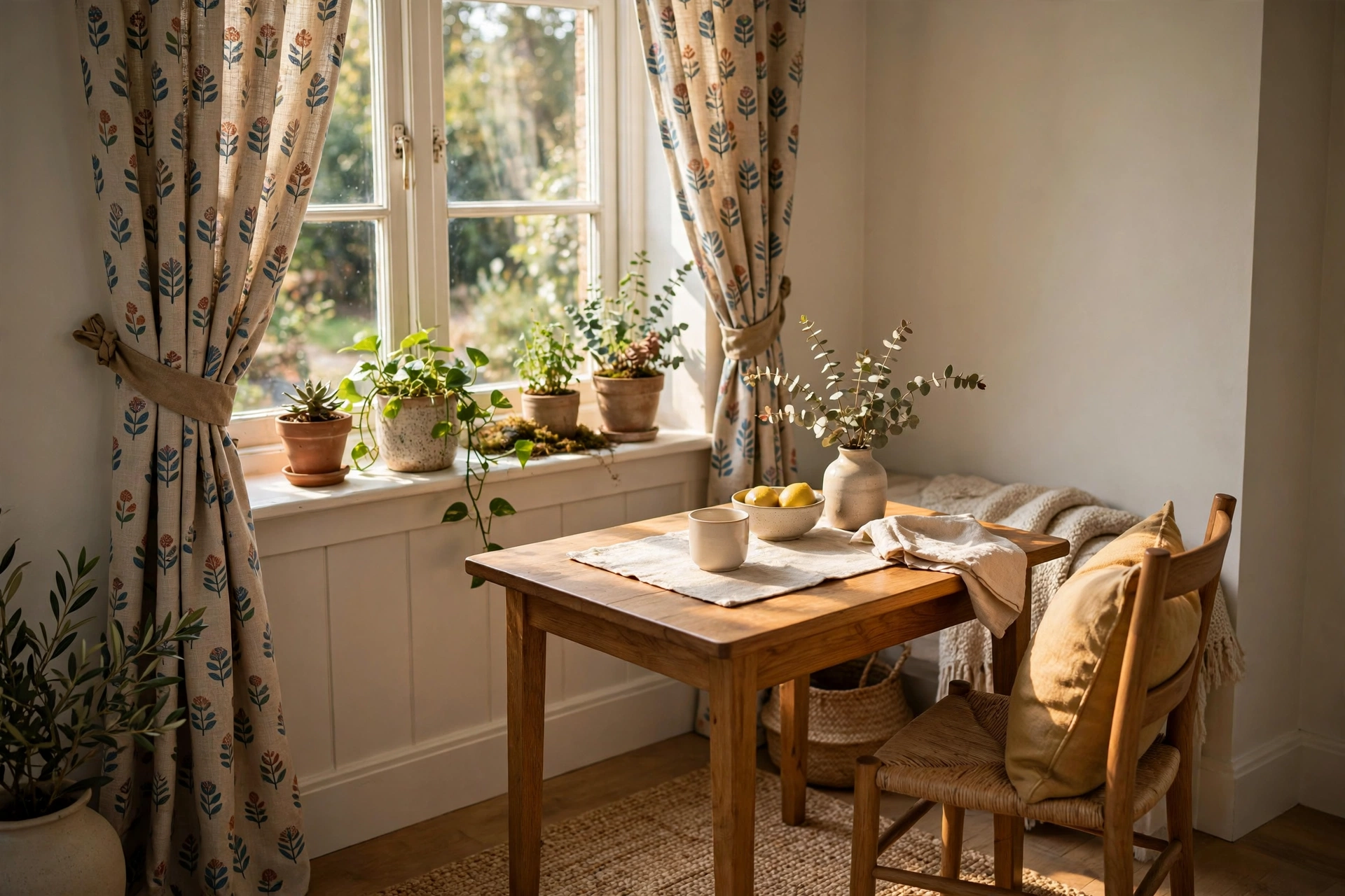 Patterned curtains tied back beside a small wooden table in a sunlit dining nook