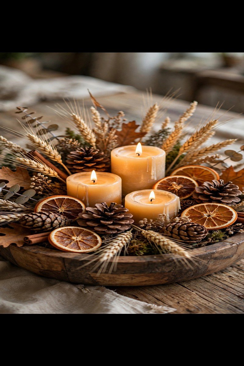 Autumn centerpiece with candles, pinecones, dried oranges and wheat in a wooden bowl