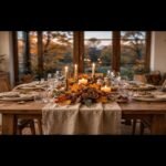Warm fall dining room with wooden table set for dinner, glowing candles and autumn centerpiece