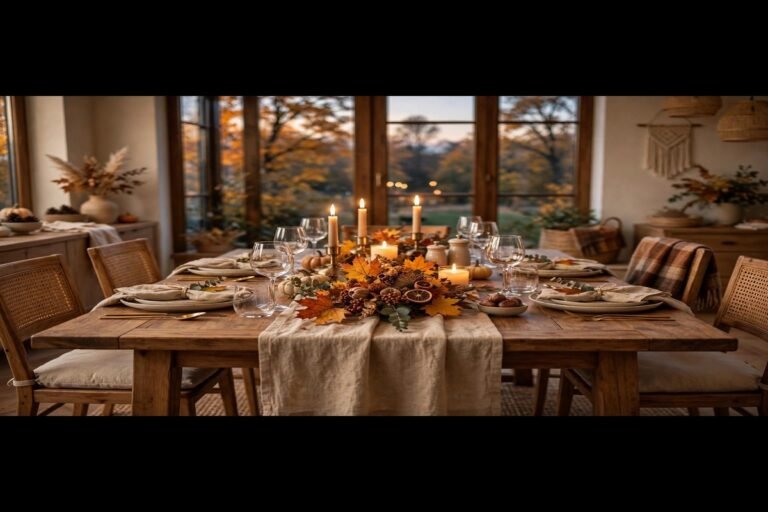 Warm fall dining room with wooden table set for dinner, glowing candles and autumn centerpiece