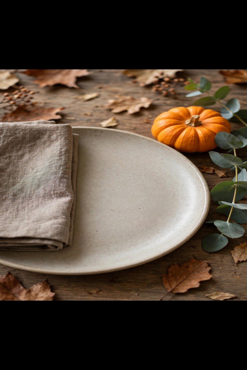 Close-up fall table setting with cloth napkin, small pumpkin and eucalyptus sprig