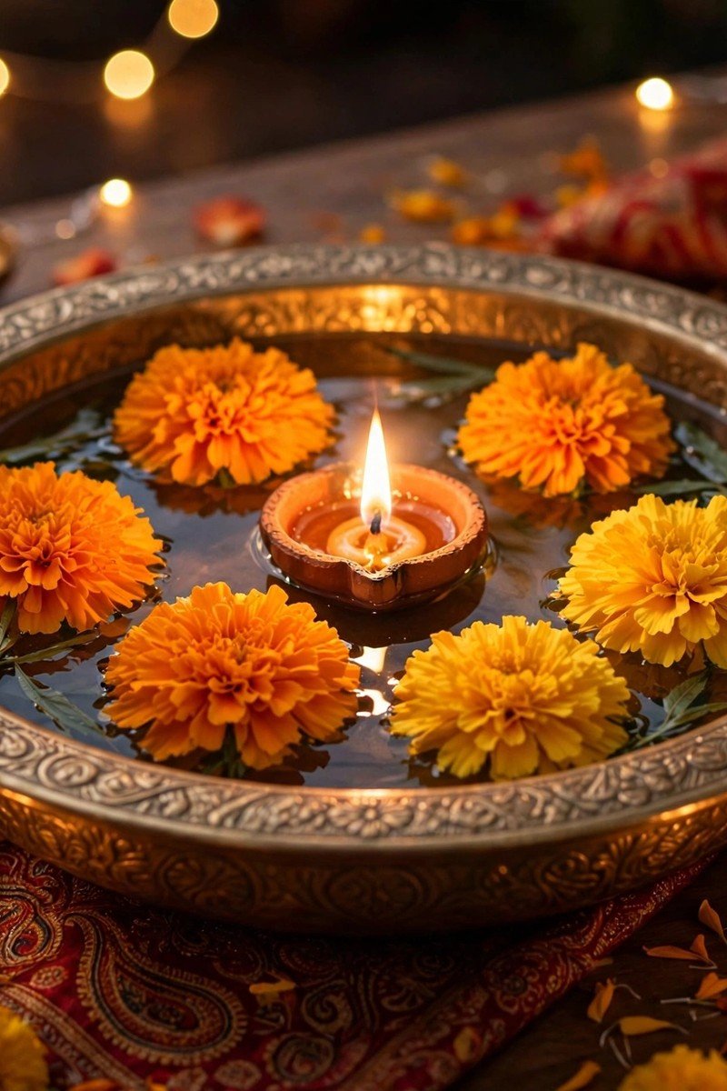 Wide bowl of water with floating marigolds and a lit diya for Diwali