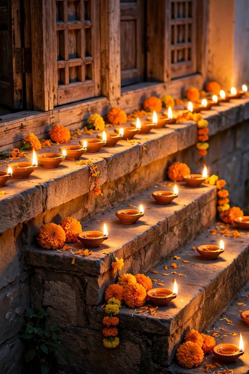 Rows of lit clay diyas along a windowsill for Diwali