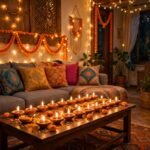 Home glowing with diyas and fairy lights decorated for Diwali