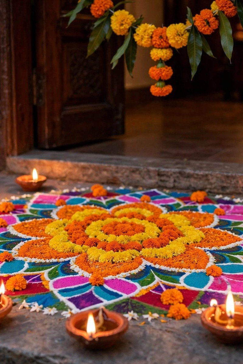 Colorful rangoli made of flower petals at a front entrance for Diwali