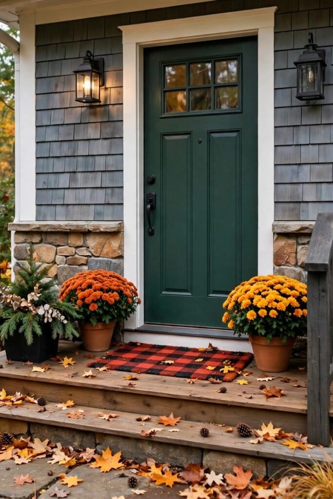 Forest green front door with potted mums and a plaid doormat on the porch