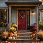 Welcoming front porch in fall with a deep cranberry red front door, pumpkins and mums on the steps, golden afternoon light