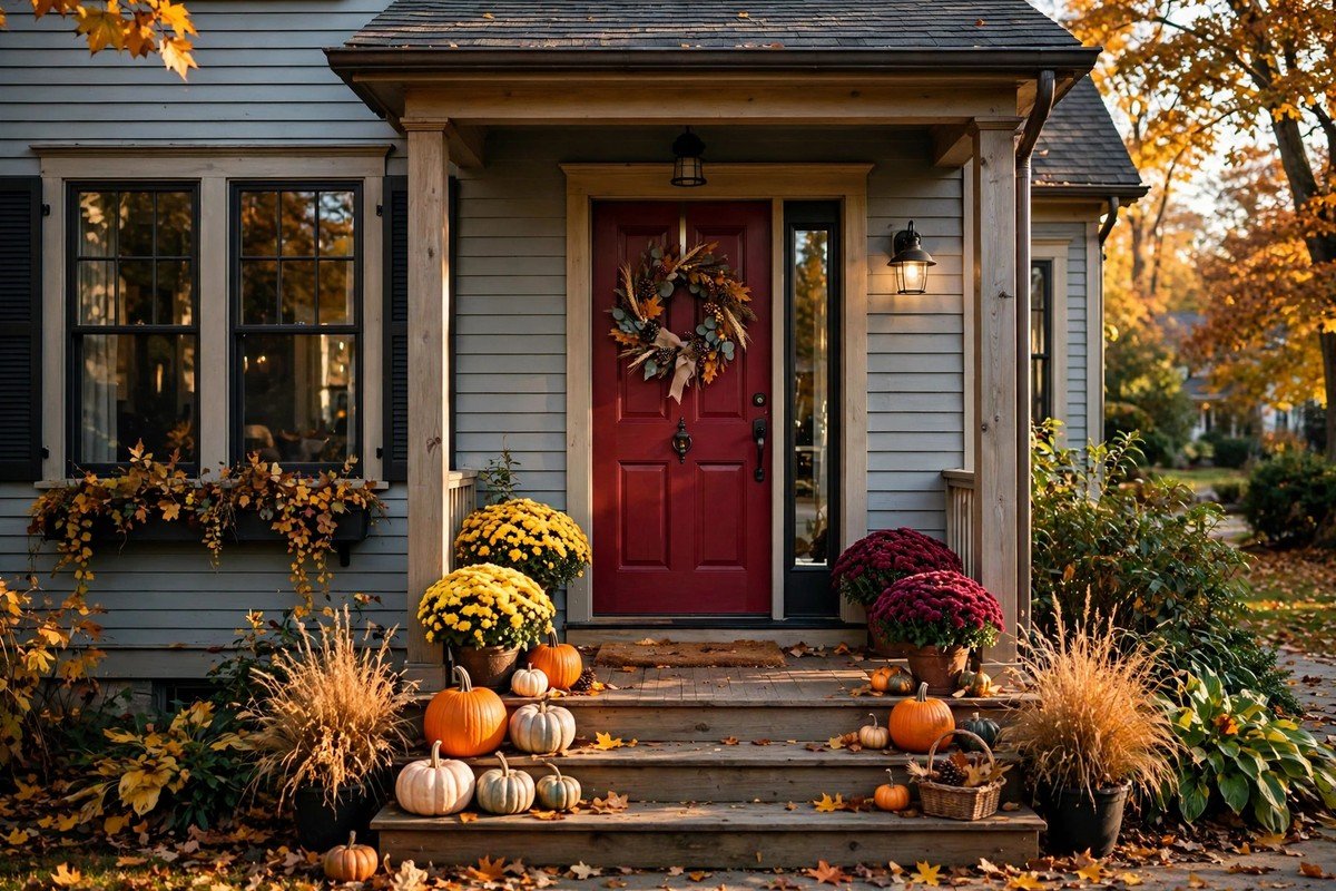 Welcoming front porch in fall with a deep cranberry red front door, pumpkins and mums on the steps, golden afternoon light