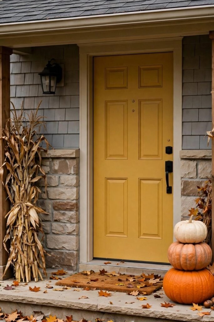 Mustard yellow front door with stacked pumpkins and dried corn stalks beside it