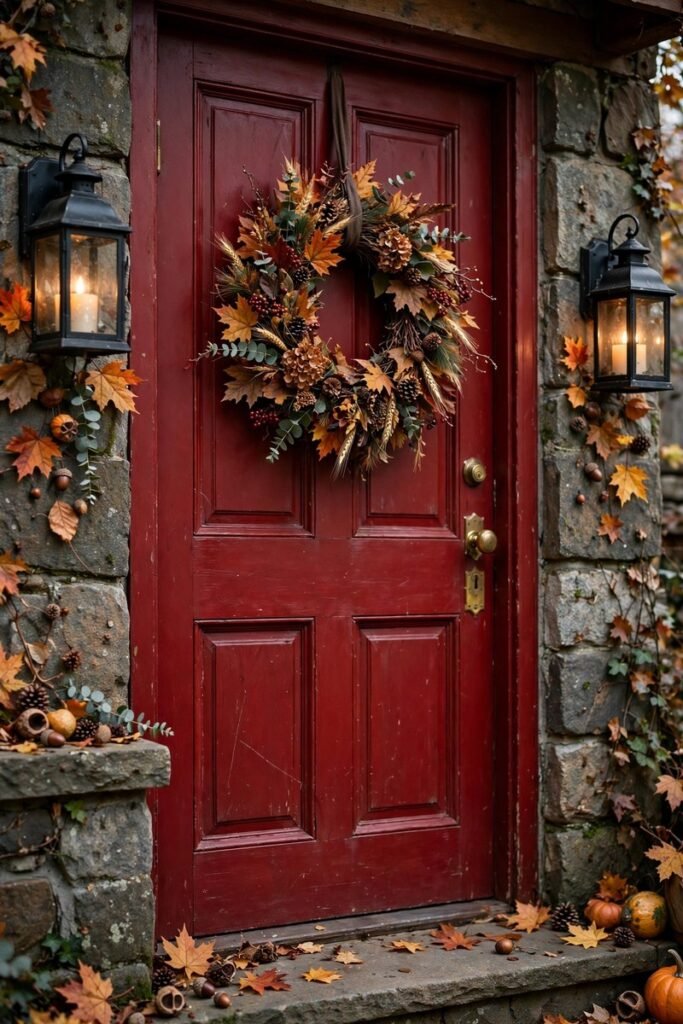 Close-up of a deep red front door with a fall wreath and lanterns beside it