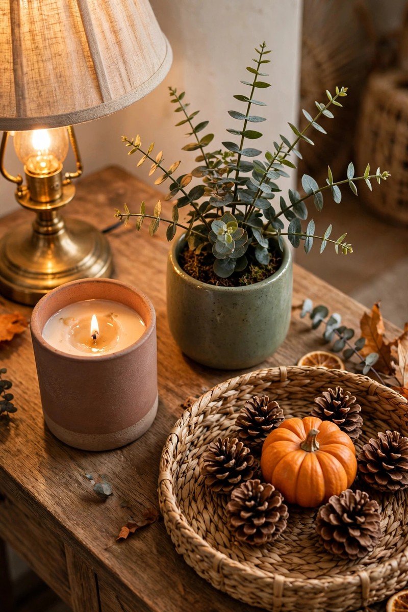 Close-up of a styled console tabletop with a glowing lamp, lit candle, potted eucalyptus, and a woven tray of pinecones and a mini pumpkin