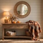 Cozy fall entryway with a wooden console table, round rattan mirror, glowing table lamp, pumpkins and dried wheat, and a plaid throw