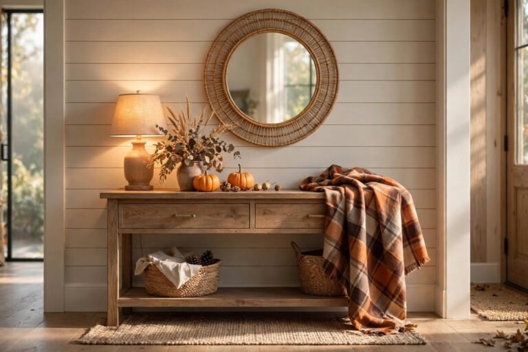 Cozy fall entryway with a wooden console table, round rattan mirror, glowing table lamp, pumpkins and dried wheat, and a plaid throw