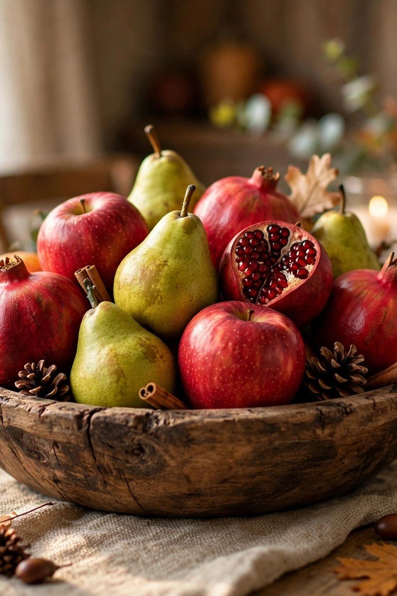 Wooden bowl filled with apples, pears and pomegranates as a Thanksgiving centerpiece