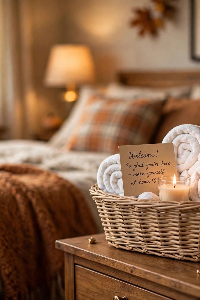 Wicker basket on a nightstand holding rolled towels, a small candle, and a handwritten welcome note