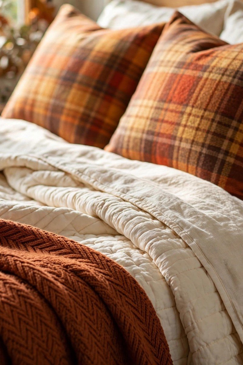 Close-up of a guest bed with layered cream quilt, rust throw blanket, and plaid pillows