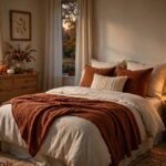Cozy fall guest bedroom with layered cream and rust bedding, glowing bedside lamp, and pumpkins on the dresser