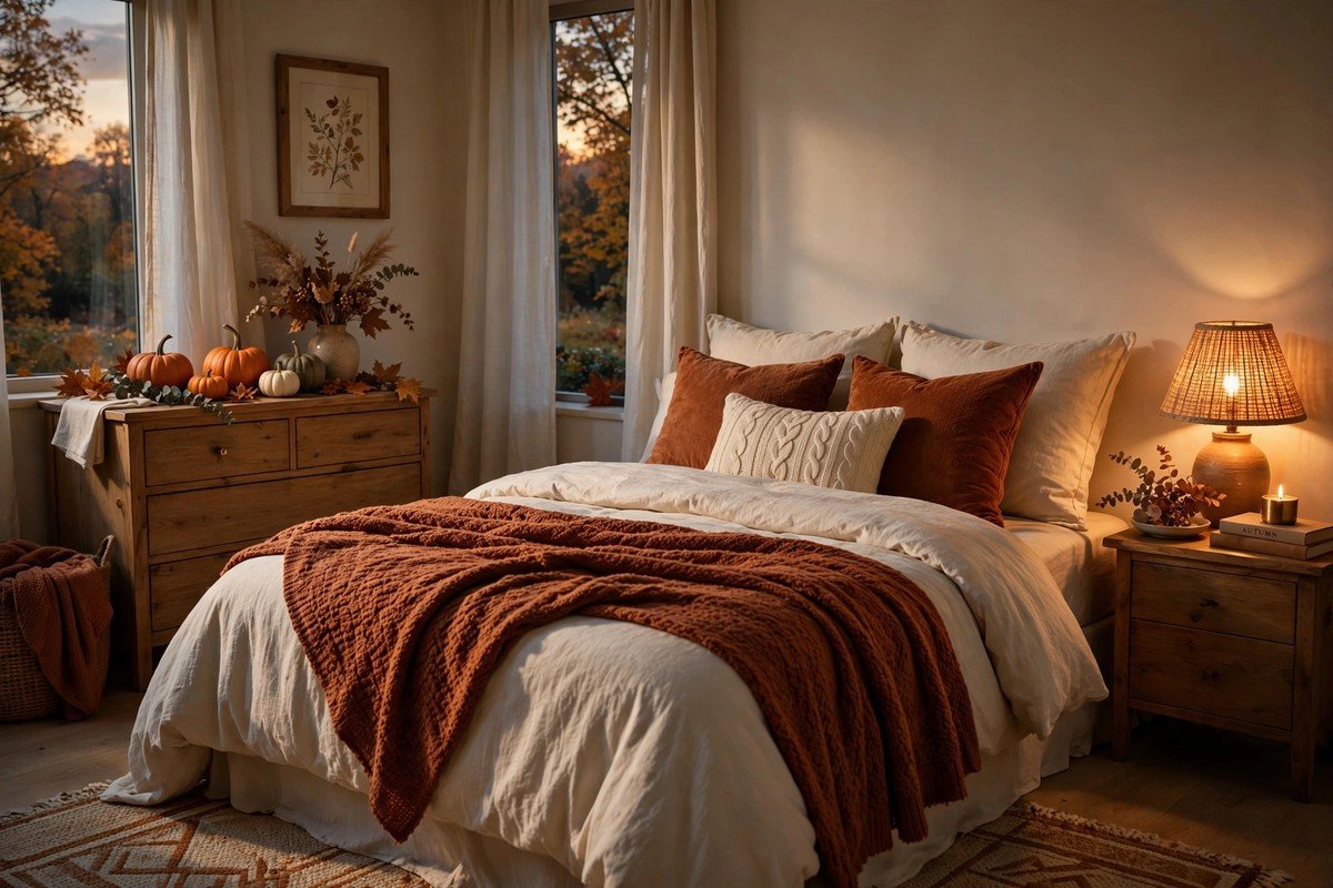 Cozy fall guest bedroom with layered cream and rust bedding, glowing bedside lamp, and pumpkins on the dresser