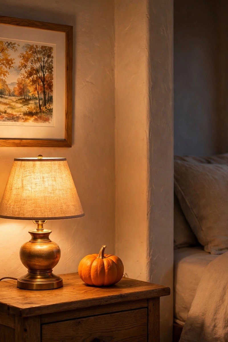 Warm glowing bedside lamp on a wooden nightstand beside a small pumpkin, with an autumn print on the wall