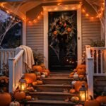 Halloween porch decorated with pumpkins, glowing lanterns and a spooky-cute wreath on the front door