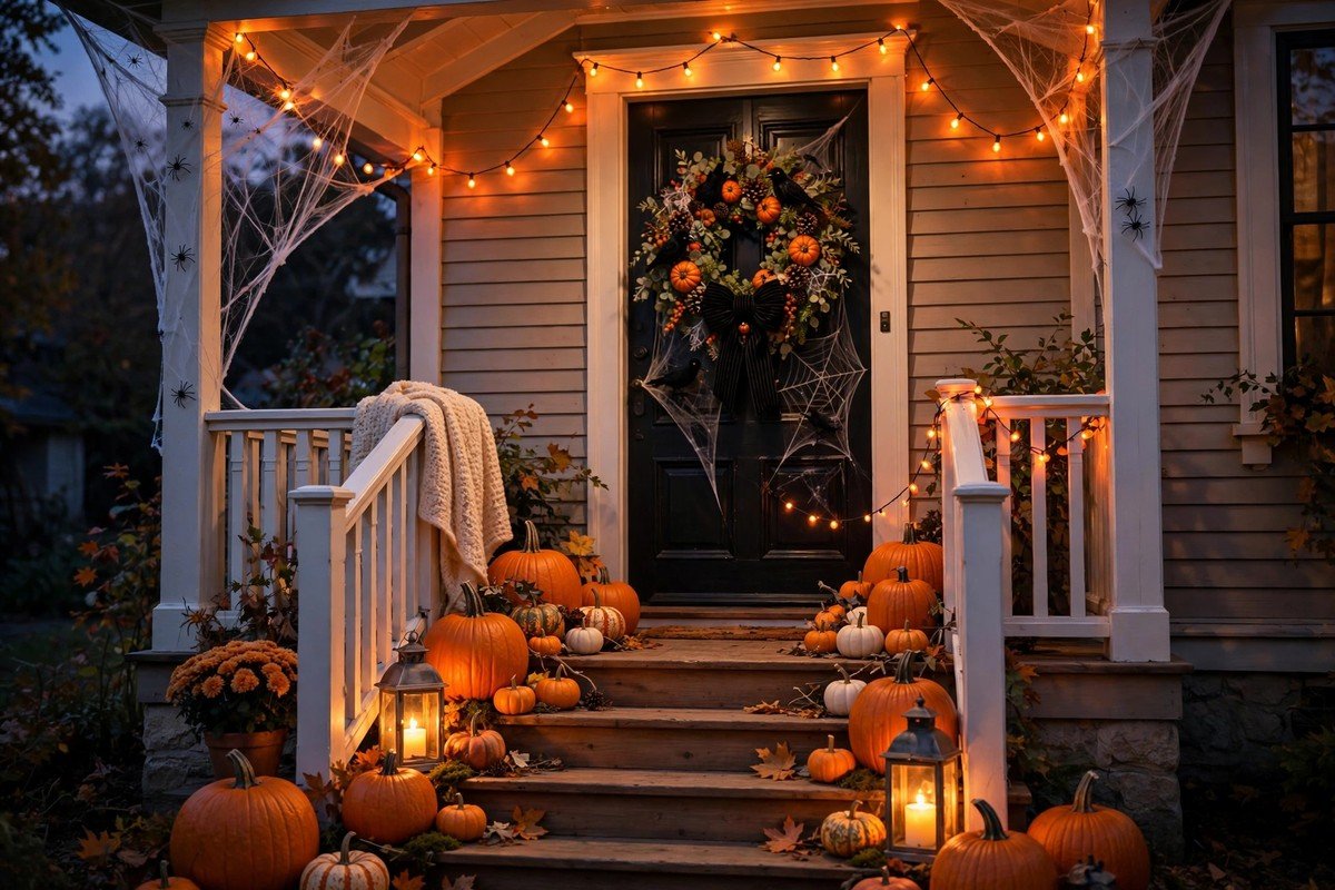 Halloween porch decorated with pumpkins, glowing lanterns and a spooky-cute wreath on the front door