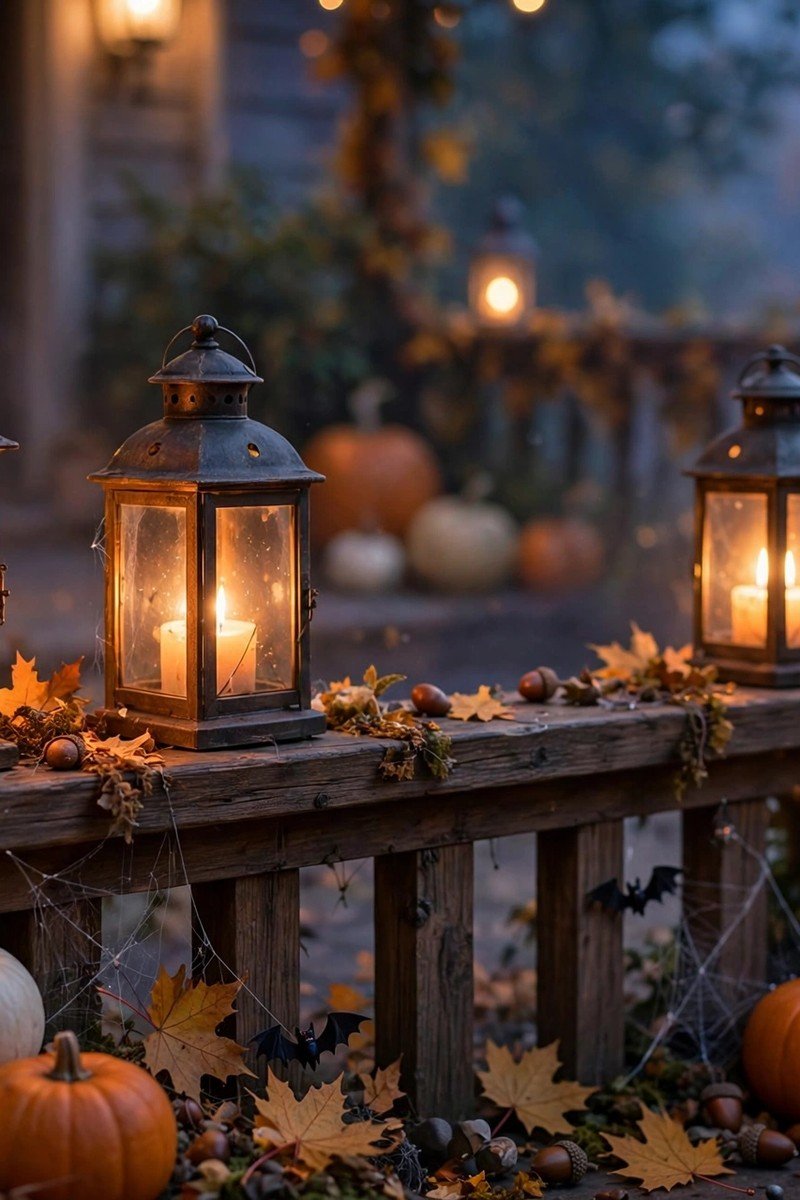 Glowing lanterns with candles along a porch railing on Halloween night